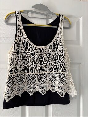 Crochet Overlay Tank Top - Black with Cream Crochet